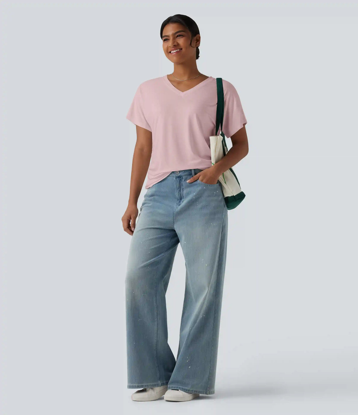 V-neck Short Sleeve Ruched Plain Casual T-Shirt