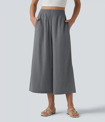 High Waisted Split Linen-Feel Casual Cropped Baggy Pants with Pockets