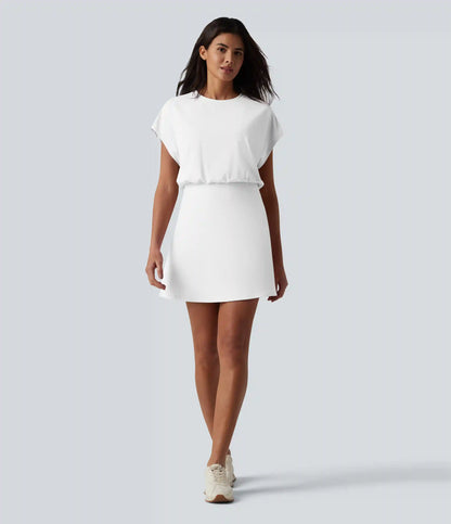 SoftlyZero™ Airy Round Neck Short Sleeve 2-in-1 InstantCool Mini Yoga Active Dress with Pockets-Easy Peezy Edition