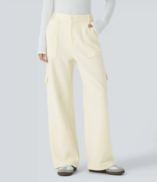 Mid Rise Zipper Pockets Fleece Casual Cargo Pants