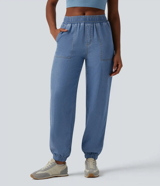 Mid Rise Denim Casual Joggers with Pockets