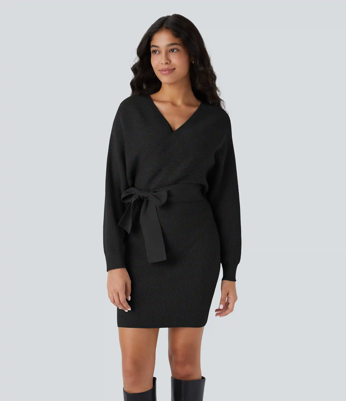 Crossover V Neck Batwing Long Sleeve Belted Mini Casual Sweater Dress