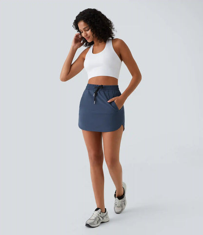 High Waisted Drawstring Pocket 2-in-1 Curved Hem Mini Golf Skirt