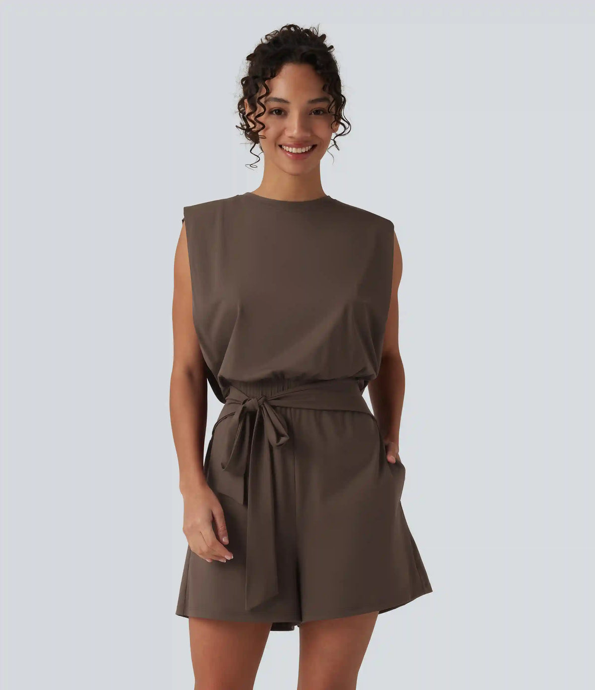 Round Neck Sleeveless Tie-front Cool Touch Casual Romper with Pockets-Easy Peezy-UPF50+