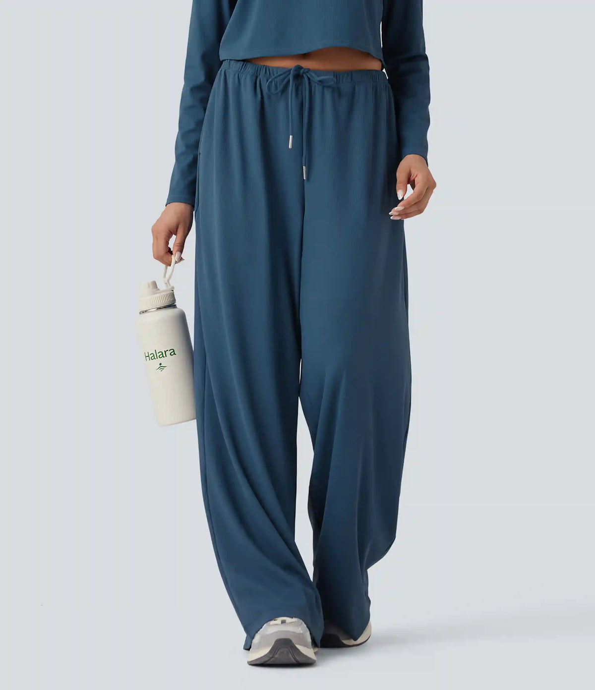 Mid Rise Drawstring Straight Leg Waffle Knit Yoga Pants with Pockets