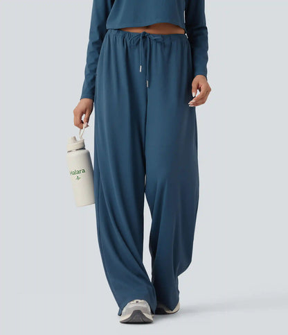 Mid Rise Drawstring Straight Leg Waffle Knit Yoga Pants with Pockets
