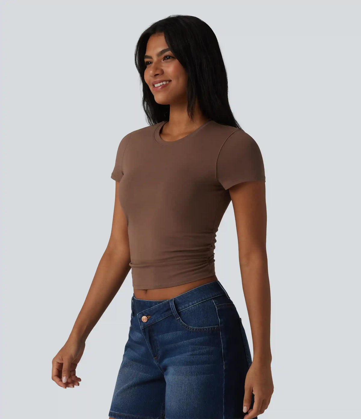 Halara Cotton Jersey Round Neck Short Sleeve Ruched Built-in Bra Casual T-Shirt