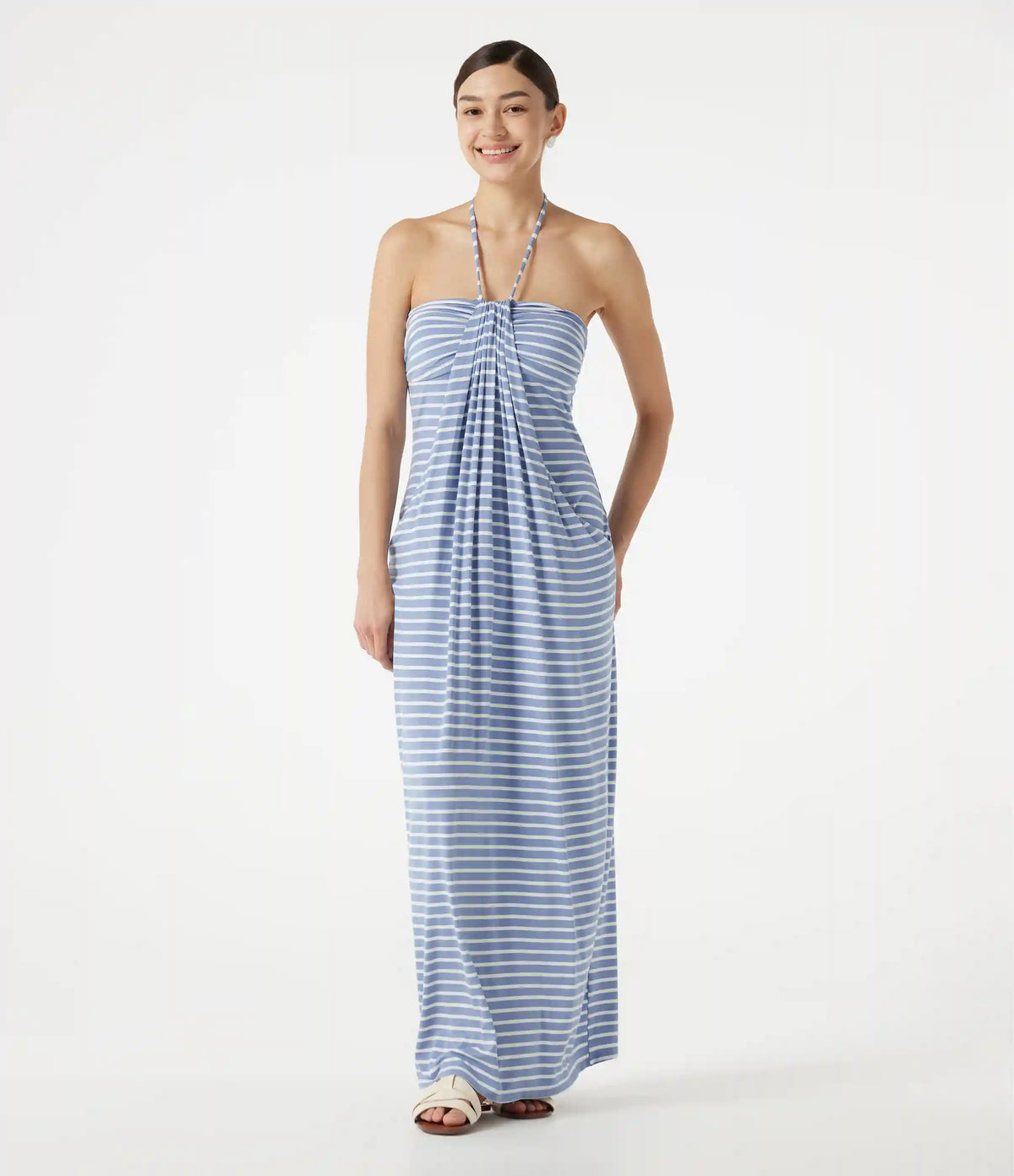 Halter Tie Back Built-in Bra Striped Maxi Resort Dress with Pockets