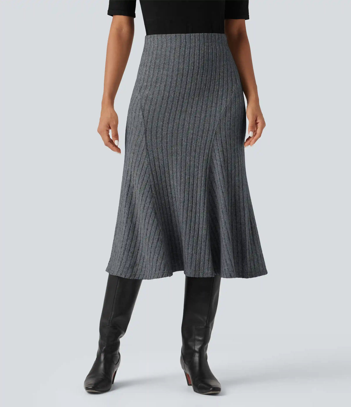 Ribbed Knit High-waisted Midi Casual A-line Skirt