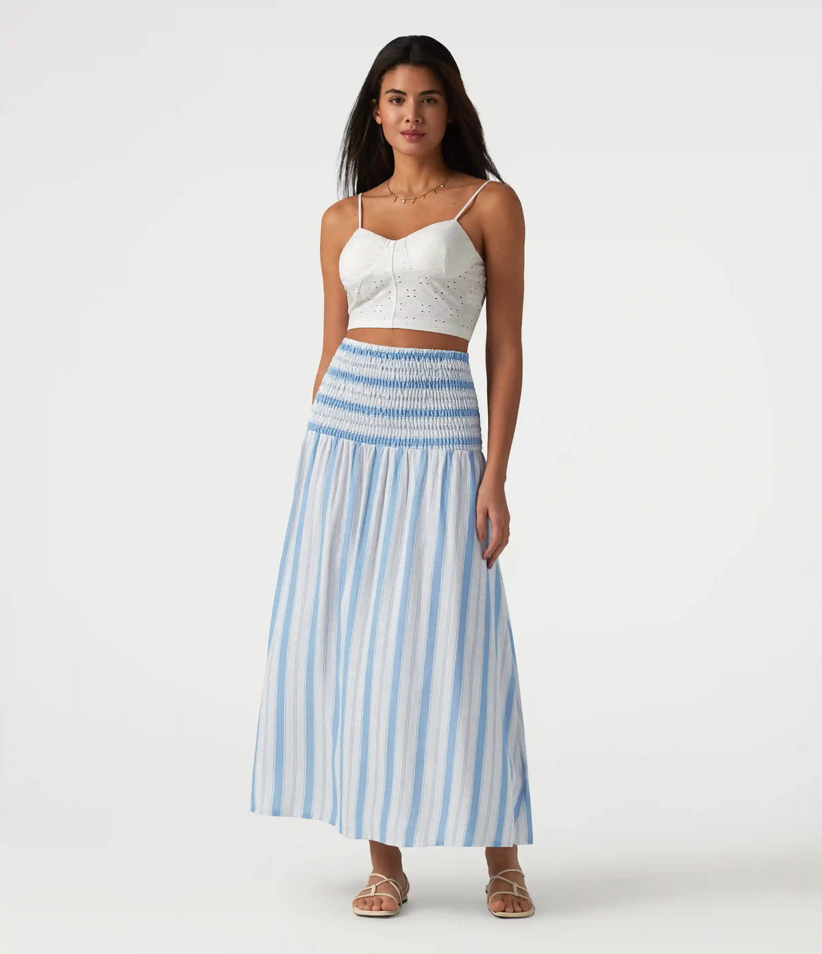 Removable Straps Shirred Stripes Linen-Feel Resort Slip Dress