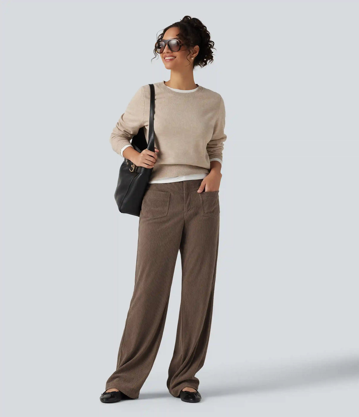 Mid Rise Straight Leg Corduroy Casual Pants with Pockets