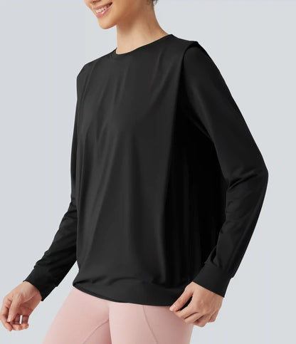 Round Neck Long Sleeve Ruched InstantCool Yoga Sports Top-Longer Length-UPF50+