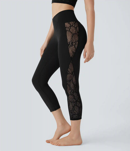 SoftlyZero™ High Waisted Crossover Contrast Lace Capri Yoga Leggings