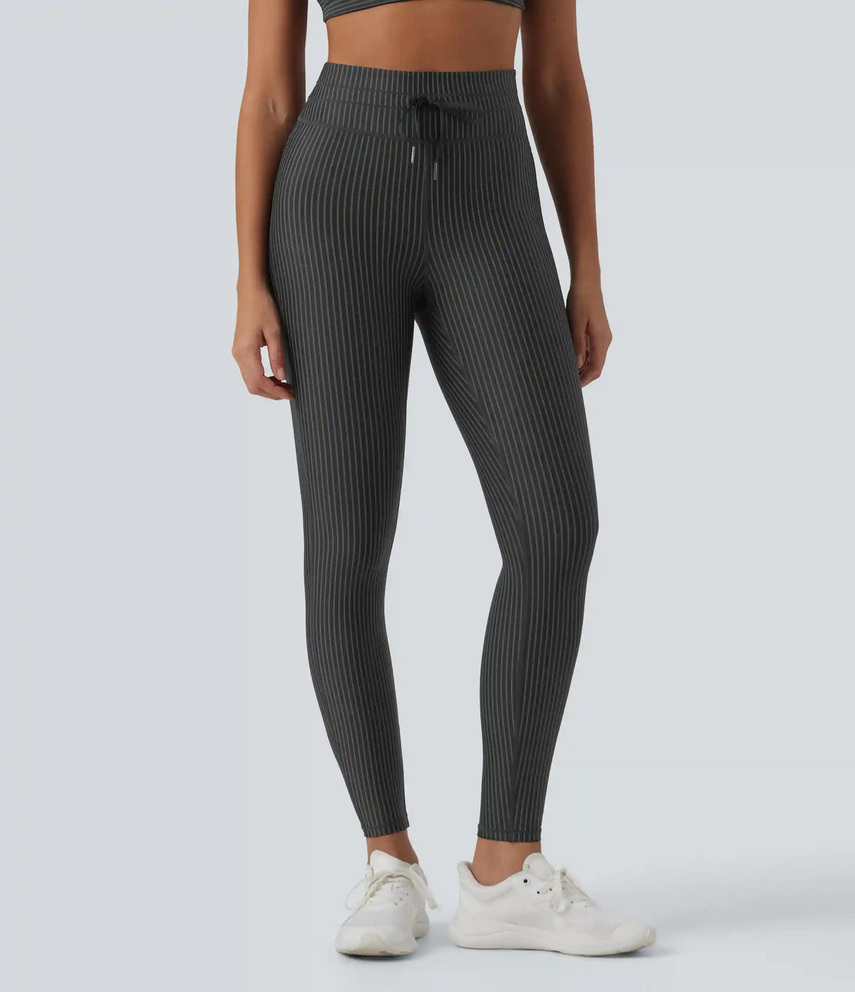 High Waisted Tummy Control Drawstring Striped Yoga Leggings with Pockets