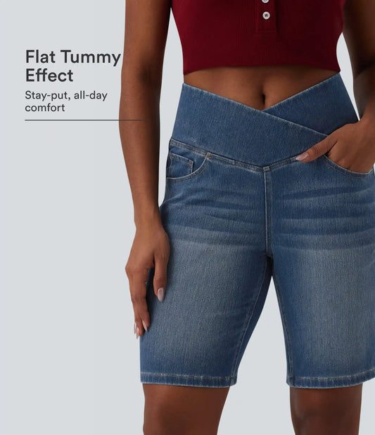 Halara Flex™ High Waisted Crossover Tummy Control Denim Casual Bermuda Shorts with Pockets