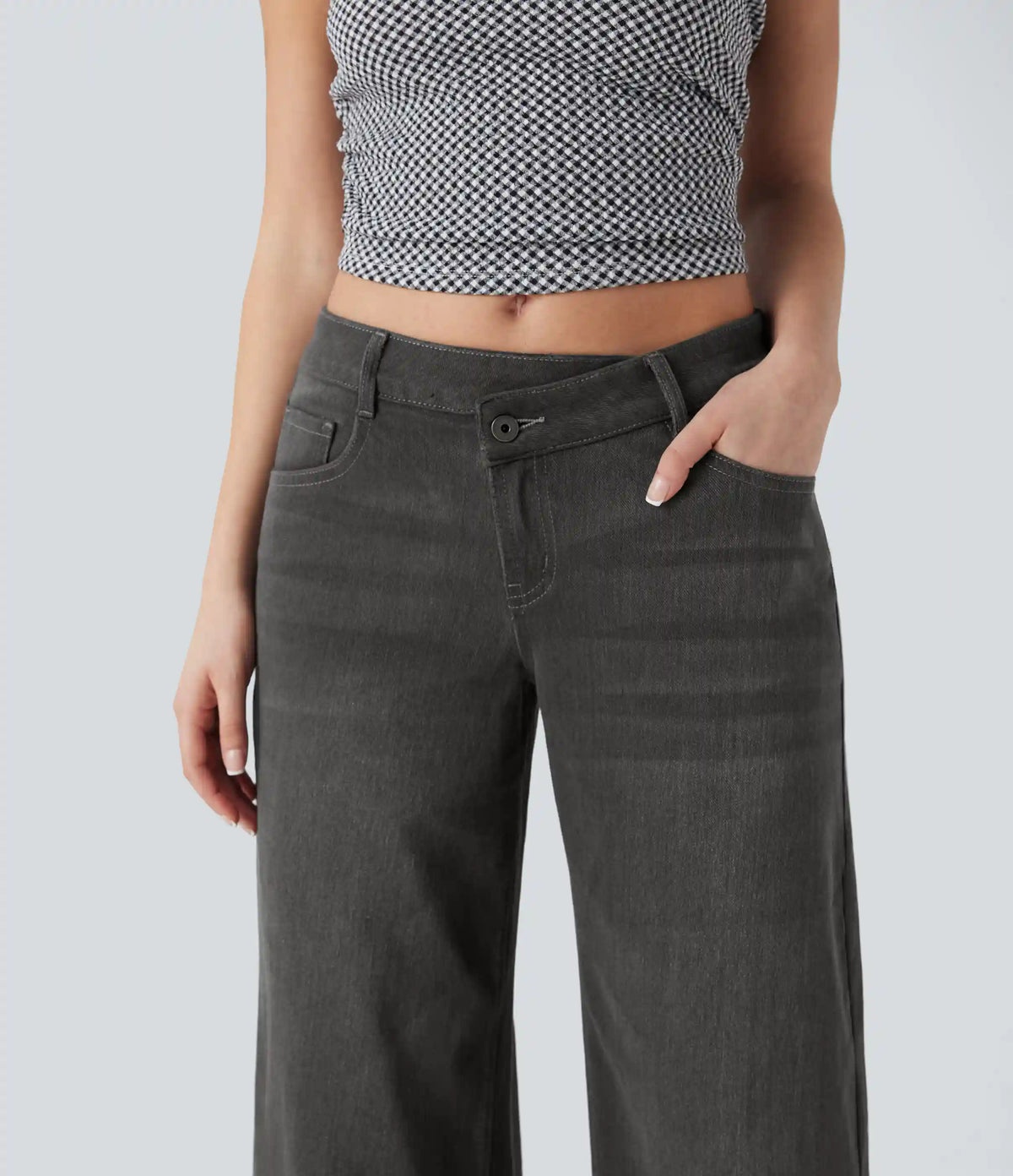 Halara Flex™ Asymmetric Low Rise Zipper Pockets Baggy Wide Leg Washed Casual Jeans