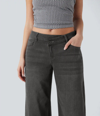 Halara Flex™ Asymmetric Low Rise Zipper Pockets Baggy Wide Leg Washed Casual Jeans
