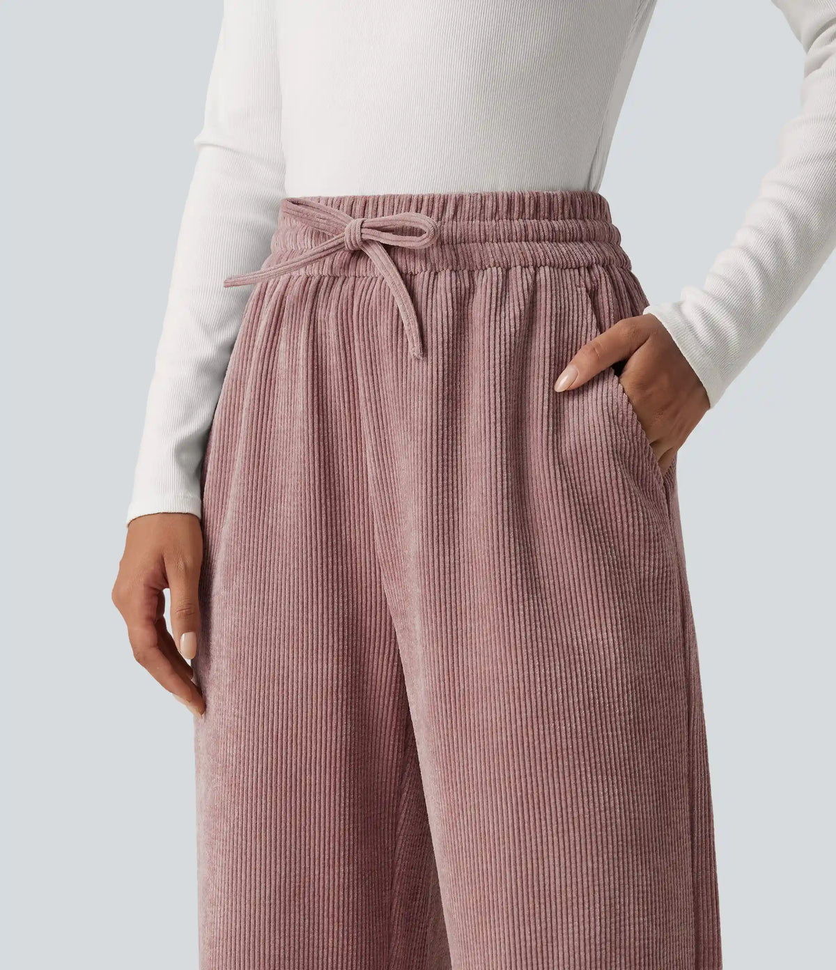 High Waisted Drawstring Wide Leg Corduroy Casual Pants with Pockets