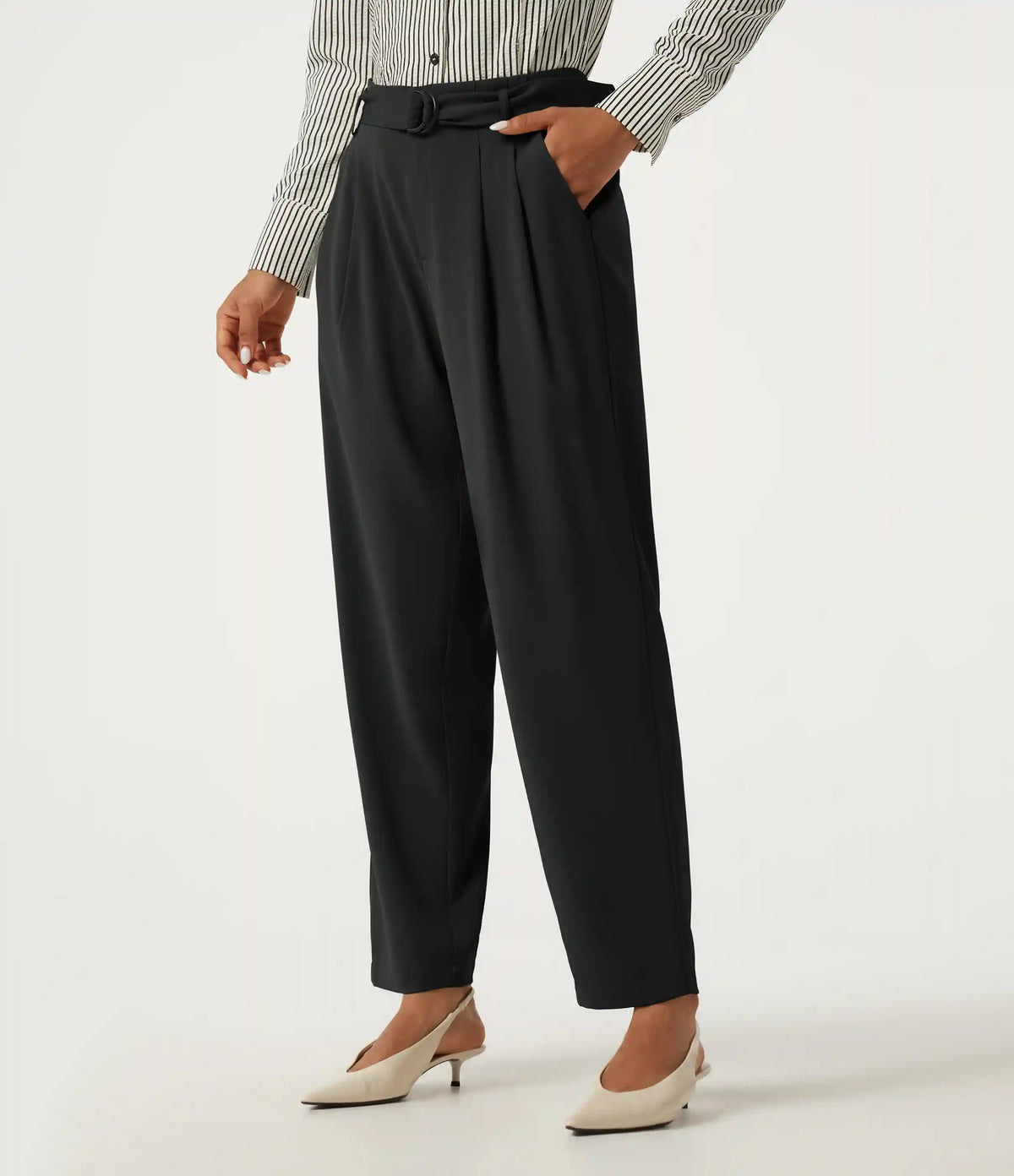 High Waisted Belted Tapered Work Pants with Pockets