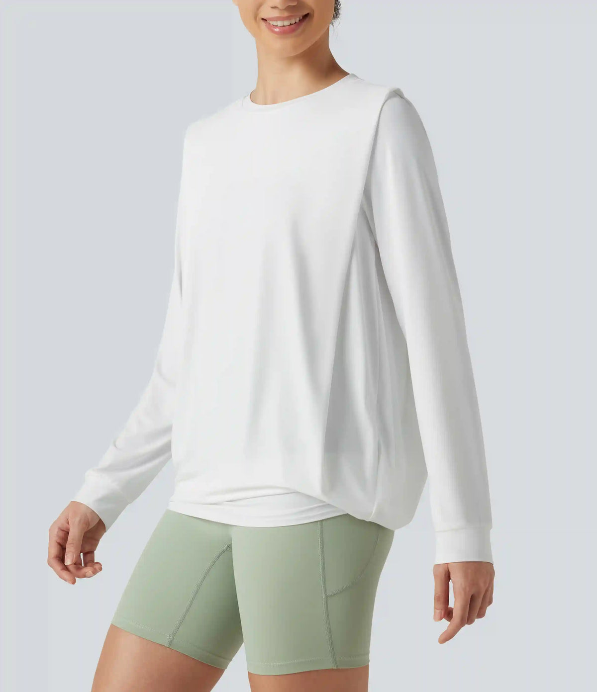 Round Neck Long Sleeve Ruched InstantCool Yoga Sports Top-Longer Length-UPF50+