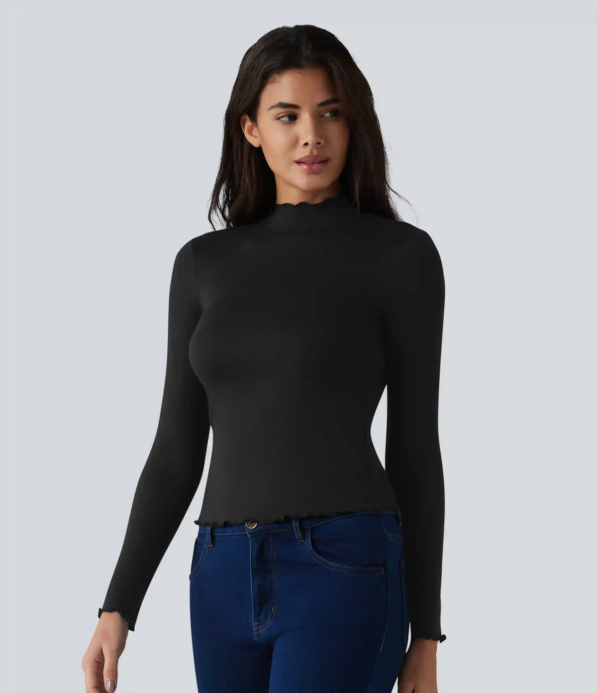 Halara HeatCore Mock-neck Long Sleeve Lettuce Trim Casual Warming Top