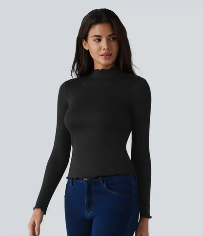 Halara HeatCore Mock-neck Long Sleeve Lettuce Trim Casual Warming Top