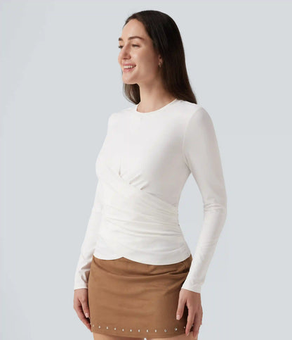Round Neck Long Sleeve Crossover Hem Casual Top