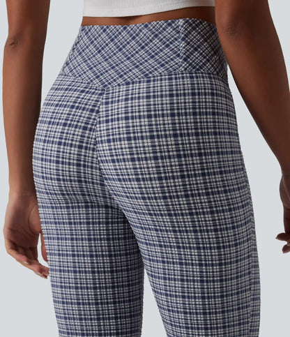 High Waisted Crossover Tummy Control Plaid Crinkle Quick Dry Flare Casual Pants with Pockets