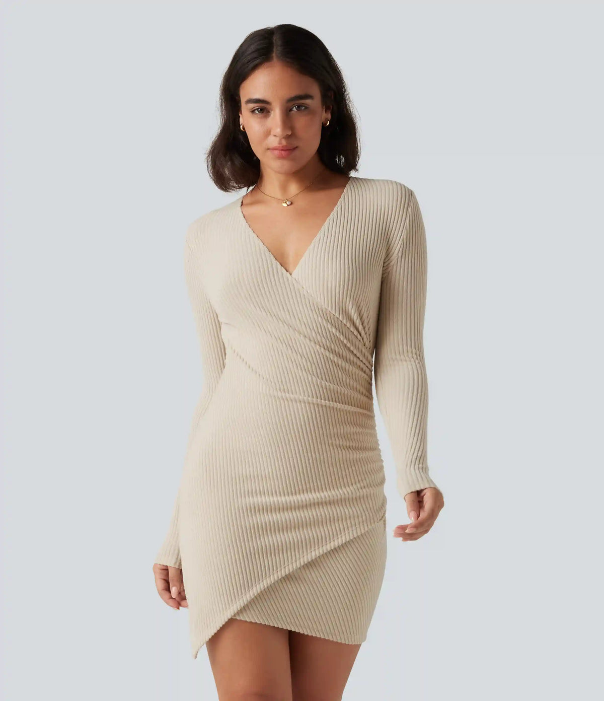 Ribbed Knit Deep V Neck Long Sleeve Ruched Bodycon Mini Casual Dress