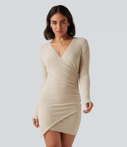 Ribbed Knit Deep V Neck Long Sleeve Ruched Bodycon Mini Casual Dress