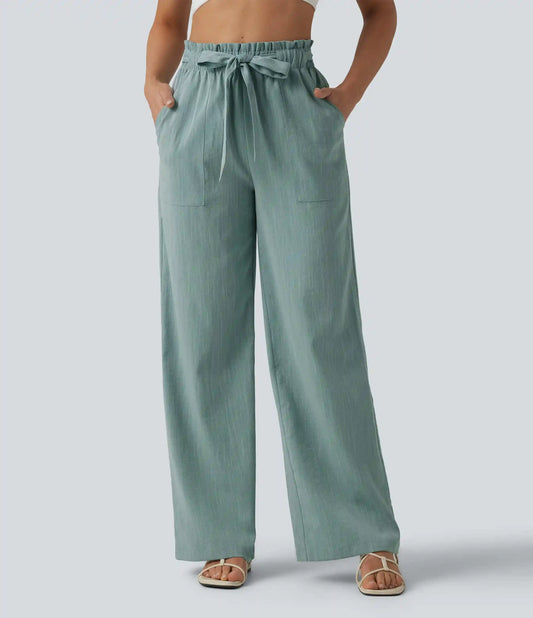 High Waisted Lettuce Trim Belted Straight Leg Casual Linen-Feel Pants with Pockets