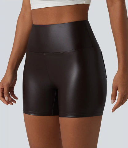 High Waisted Tummy Control Stretchy PU Casual Biker Shorts 5'' with Pockets