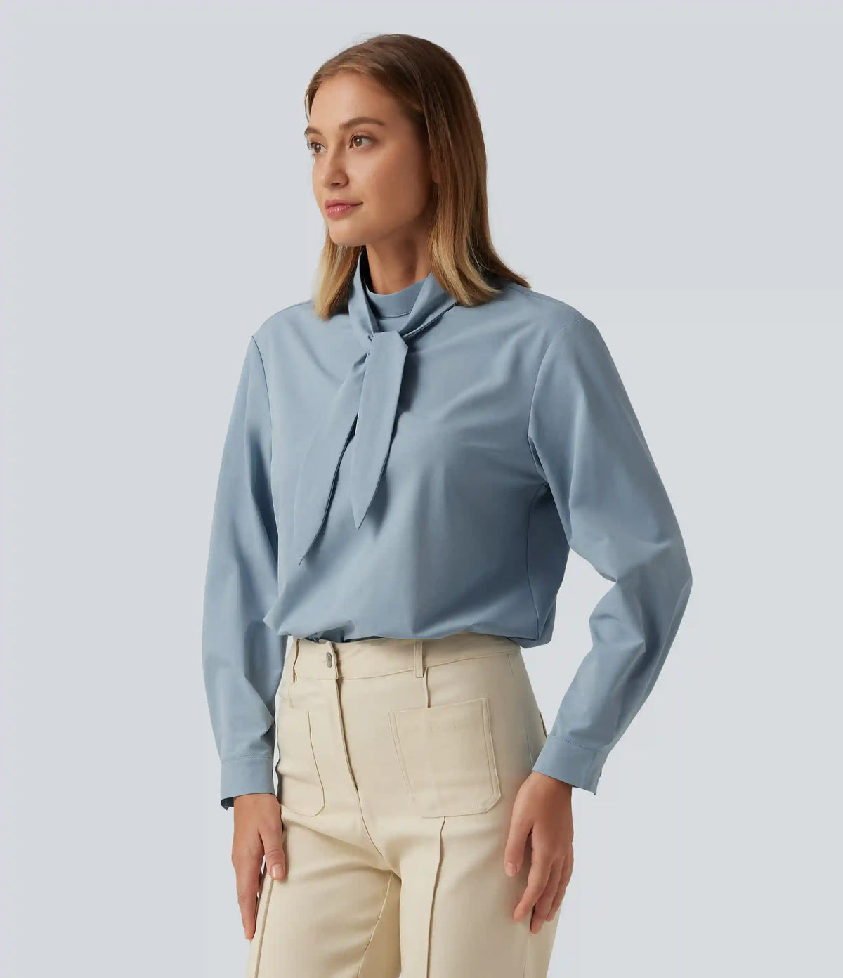 Mock Neck Long Sleeve Tie Front Work Blouse