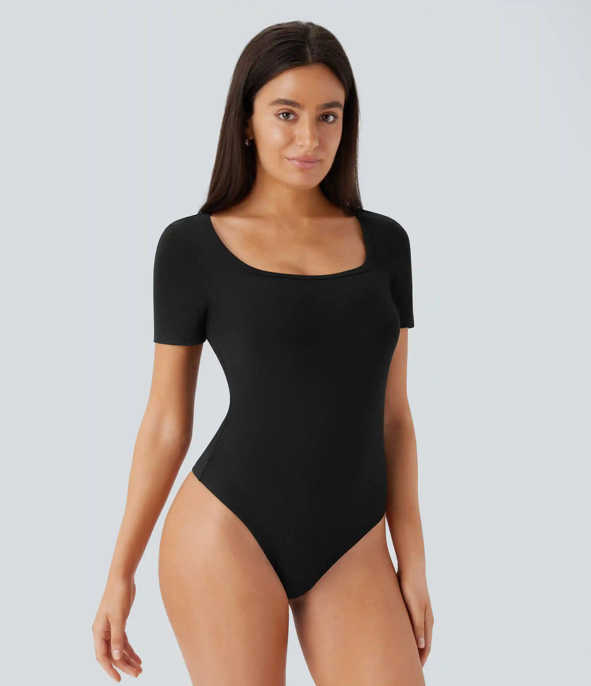 U Neck Short Sleeve Snap Skinny Work Bodysuit