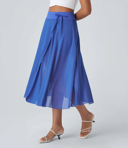 High Waisted Drawstring Contrast Mesh 2-in-1 Pocket Flowy Midi Flare Casual Skirt