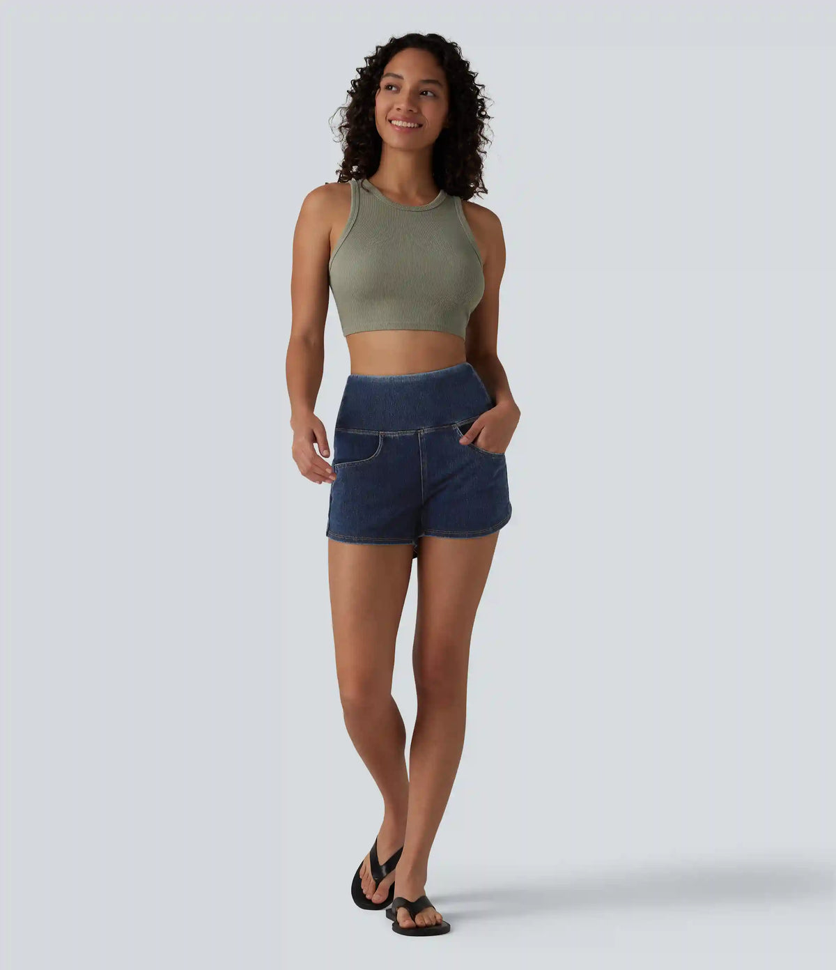 Halara Flex™ High Waisted Tummy Control Curved Hem Skinny Denim Casual Shorts with Pockets