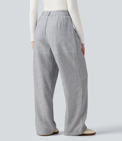 High Waisted Baggy Stripe Casual Linen-Feel Pants with Pockets