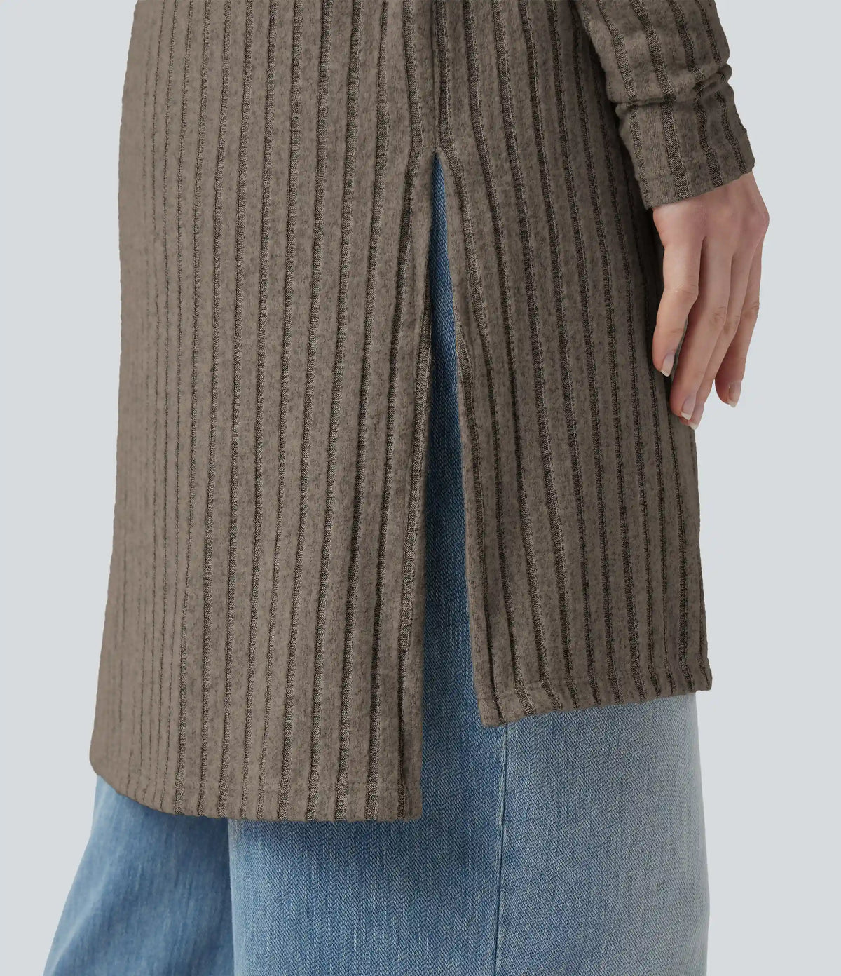 Ribbed Knit Long Sleeve Split Casual Cardigan