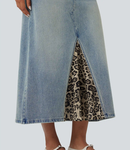 Halara Flex™ Mid Rise Contrast Leopard Mesh Midi Denim Casual A-line Skirt with Pockets