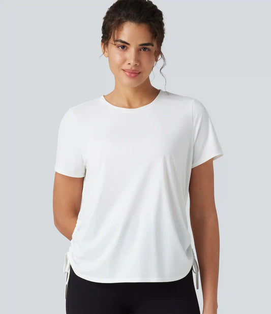 Round Neck Short Sleeve Drawstring Hem InstantCool Quick Dry Workout Sports Top