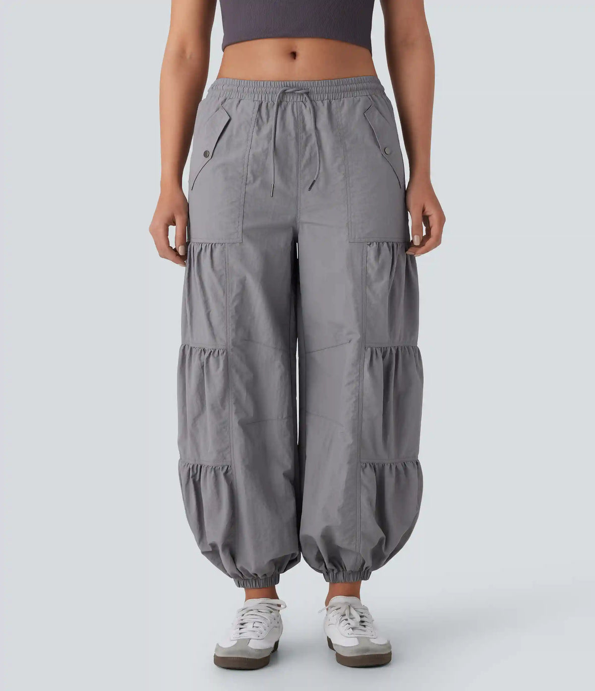 Mid Rise Drawstring Pocket Ruched Parachute Casual Cargo Baggy Joggers