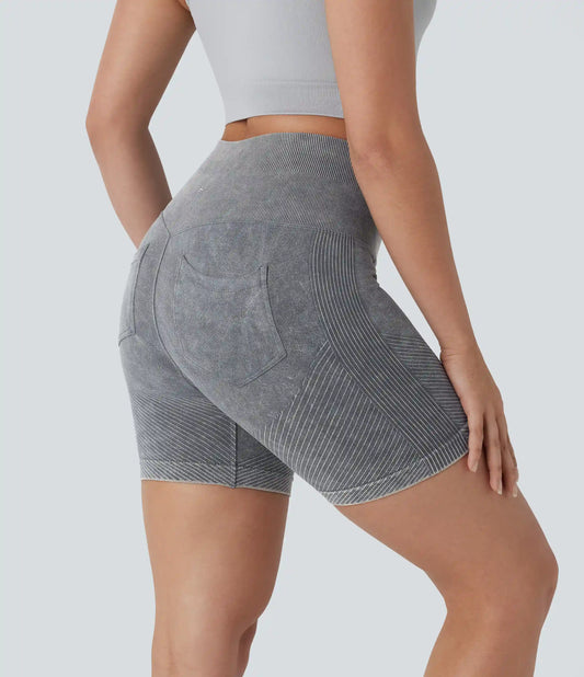 OneForm Seamless Flow High Waisted Pocket Washed Yoga Biker Shorts 5.5''