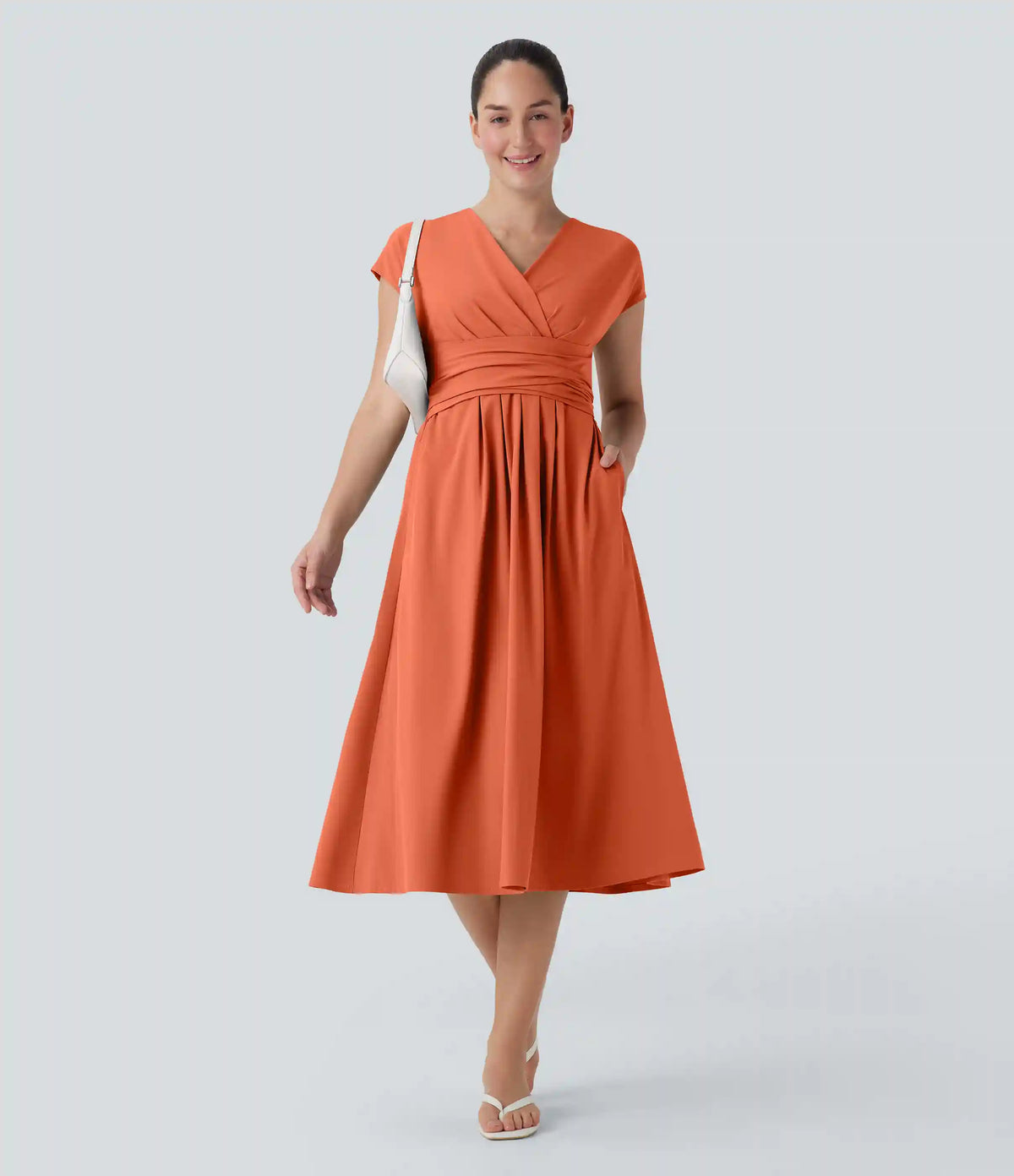 Breezeful™ V Neck Short Sleeve Pocket Tie Back Quick Dry Midi Casual Dress