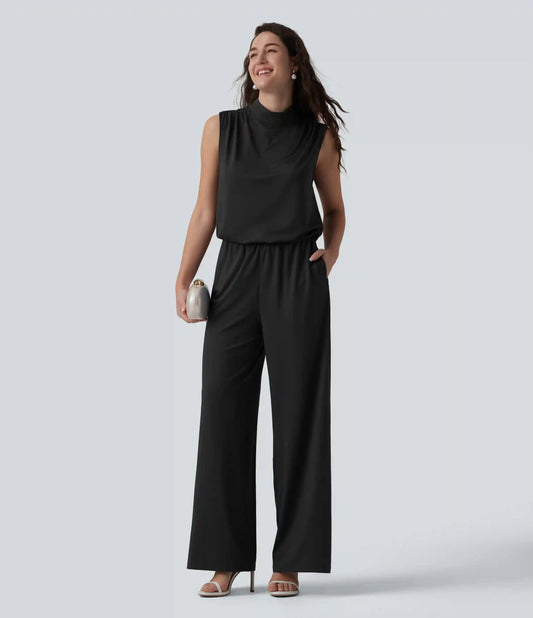 Stand Collar Sleeveless Straight Leg Bridesmaid And Wedding Guest Jumpsuit with Pockets-Easy Peezy