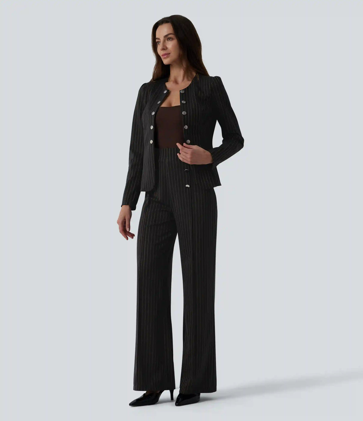 High Waisted Wide Leg Stripe Work Pants with Pockets