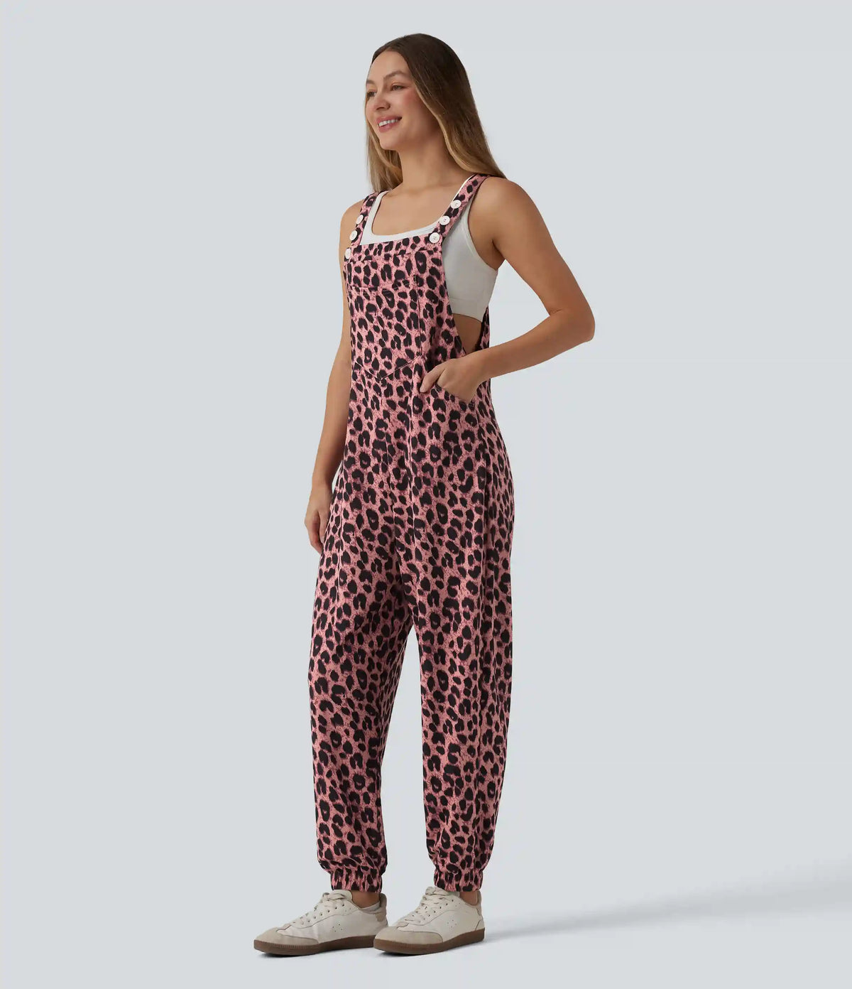 Adjustable Straps Leopard Print Waffle Casual Jogger Overalls with Pockets