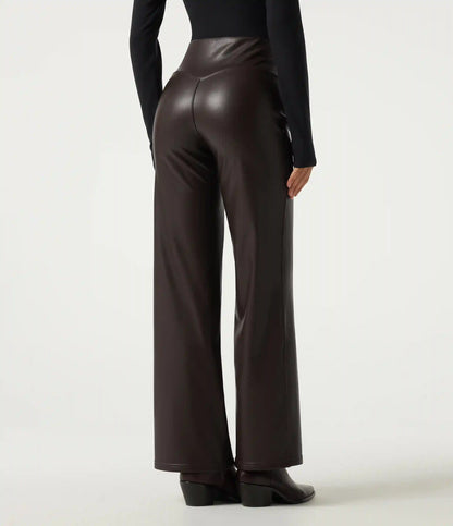High Waisted Stretchy PU Fleece Tummy Control Casual Flare Pants with Pockets