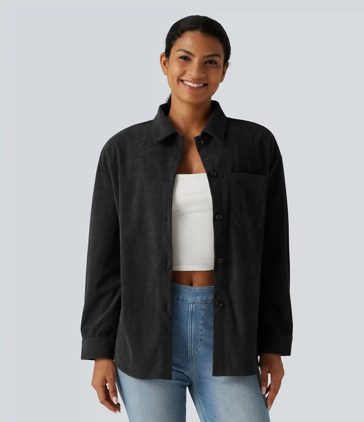 Long Sleeve Curved Hem Corduroy Casual Shirt Jacket with Pocket