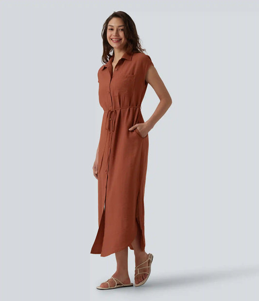 Collar Cap Sleeve Belted Curved Split Hem Midi Casual Shirt Dress with Pockets