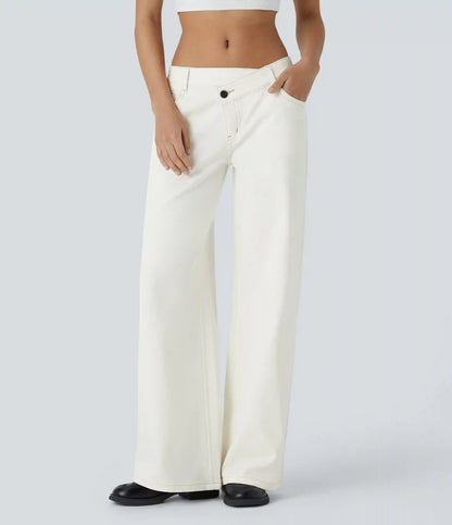 Halara Flex™ Asymmetric Low Rise Zipper Pockets Baggy Wide Leg Washed Casual Jeans